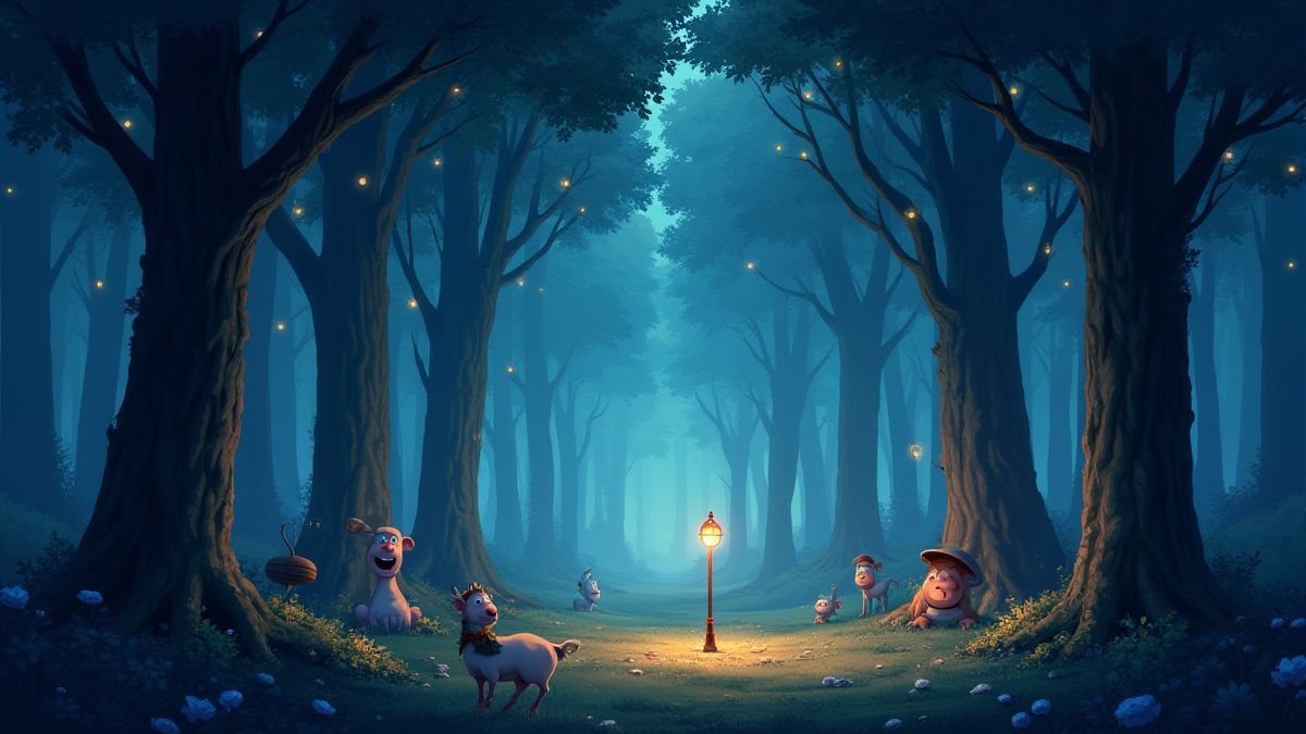 Une forêt magique avec des lumières brillantes et des créatures fantastiques.